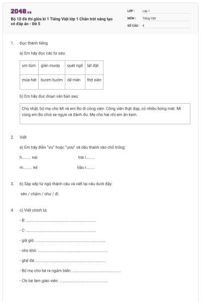 Bộ 10 đề thi giữa kì 1 Tiếng Việt lớp 1 Chân trời sáng tạo có đáp án - Đề 5