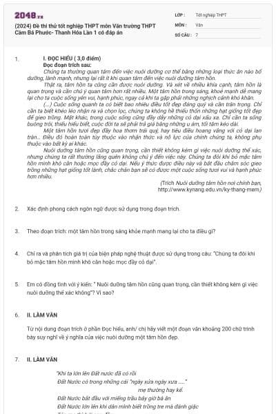(2024) Đề thi thử tốt nghiệp THPT môn Văn trường THPT Cầm Bá Phước- Thanh Hóa Lần 1 có đáp án