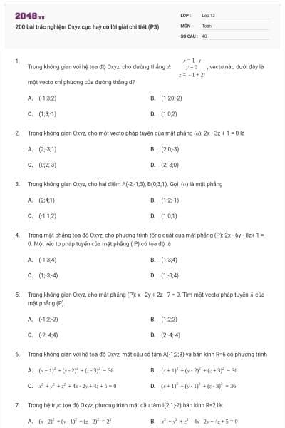 200 bài trắc nghiệm Oxyz cực hay có lời giải chi tiết (P3)