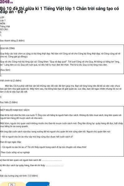 Bộ 10 đề thi giữa kì 1 Tiếng Việt lớp 1 Chân trời sáng tạo có đáp án - Đề 7