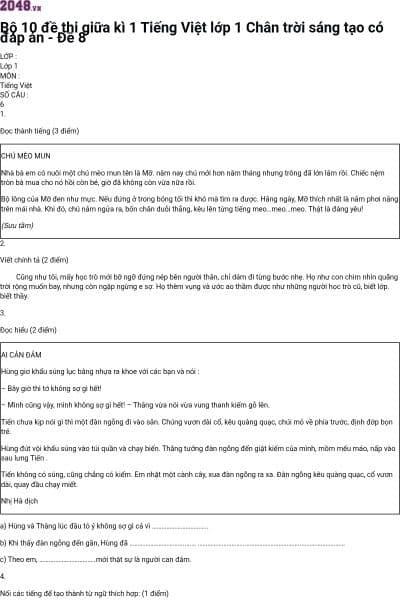 Bộ 10 đề thi giữa kì 1 Tiếng Việt lớp 1 Chân trời sáng tạo có đáp án - Đề 8