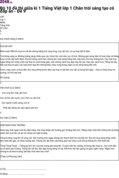 Bộ 10 đề thi giữa kì 1 Tiếng Việt lớp 1 Chân trời sáng tạo có đáp án - Đề 9