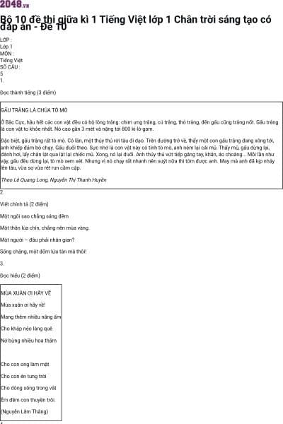 Bộ 10 đề thi giữa kì 1 Tiếng Việt lớp 1 Chân trời sáng tạo có đáp án - Đề 10