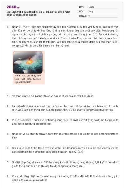 Giải SGK Vật lí 12 Cánh diều Bài 3. Áp suất và động năng phân tử chất khí có đáp án