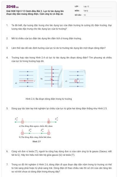 Giải SGK Vật lí 12 Cánh diều Bài 2. Lực từ tác dụng lên đoạn dây dẫn mang dòng điện. Cảm ứng từ có đáp án