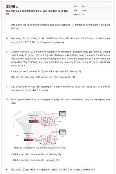 Giải SGK Vật lí 12 Cánh diều Bài 3. Cảm ứng điện từ có đáp án