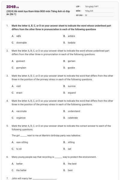 (2024) Đề minh họa tham khảo BGD môn Tiếng Anh có đáp án (Đề 1)