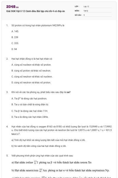 Giải SGK Vật lí 12 Cánh diều Bài tập chủ đề 4 có đáp án