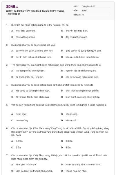 (2024) Đề thi thử THPT môn Địa lí Trường THPT Trường Thi có đáp án