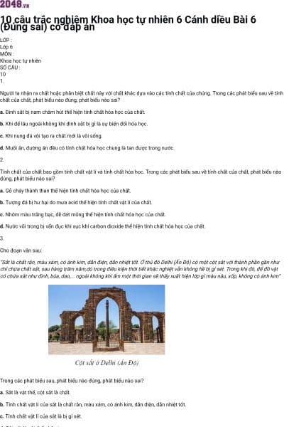 10 câu trắc nghiệm Khoa học tự nhiên 6 Cánh diều Bài 6 (Đúng sai) có đáp án