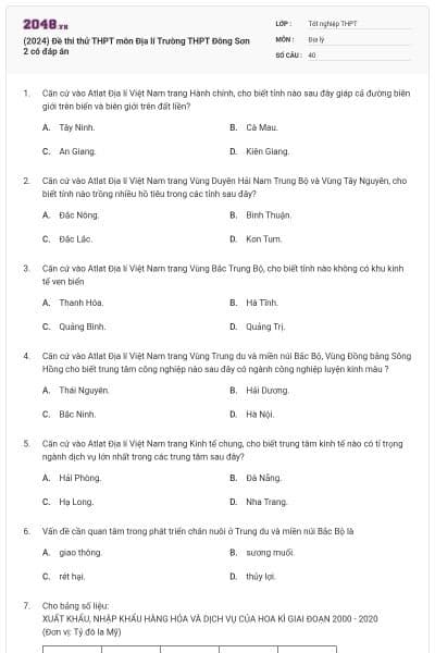 (2024) Đề thi thử THPT môn Địa lí Trường THPT Đông Sơn 2 có đáp án