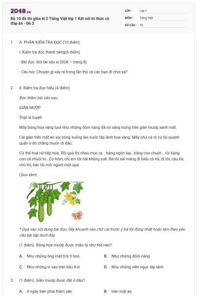 Bộ 10 đề thi giữa kì 2 Tiếng Việt lớp 1 Kết nối tri thức có đáp án - Đề 2