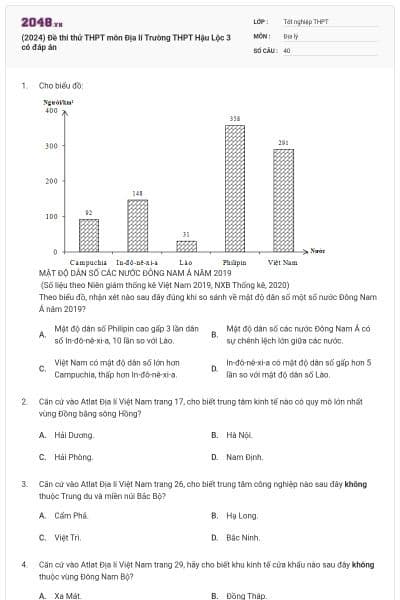 (2024) Đề thi thử THPT môn Địa lí Trường THPT Hậu Lộc 3 có đáp án