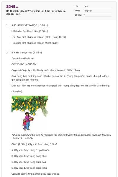 Bộ 10 đề thi giữa kì 2 Tiếng Việt lớp 1 Kết nối tri thức có đáp án - Đề 4