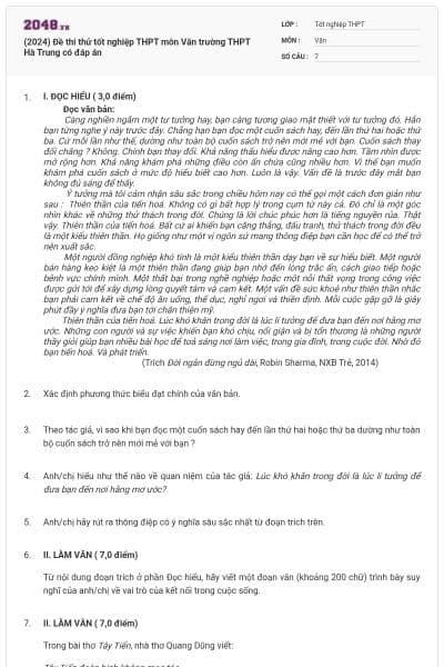 (2024) Đề thi thử tốt nghiệp THPT môn Văn trường THPT Hà Trung  có đáp án
