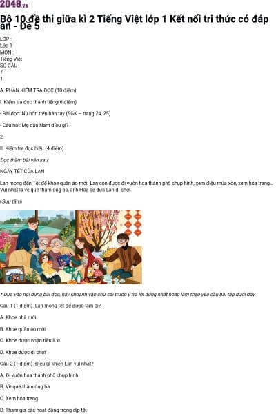 Bộ 10 đề thi giữa kì 2 Tiếng Việt lớp 1 Kết nối tri thức có đáp án - Đề 5