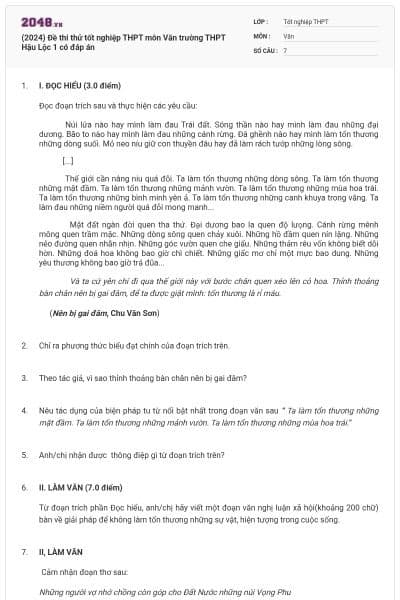 (2024) Đề thi thử tốt nghiệp THPT môn Văn trường THPT Hậu Lộc 1 có đáp án