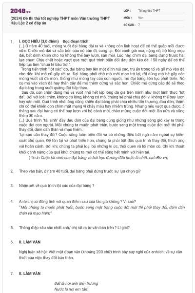 (2024) Đề thi thử tốt nghiệp THPT môn Văn trường THPT Hậu Lộc 2 có đáp án