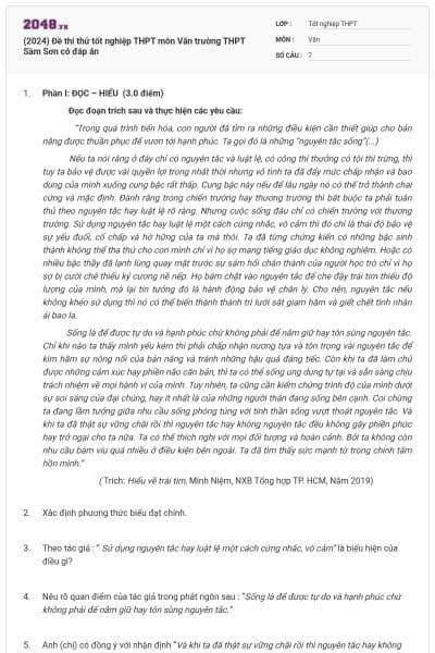 (2024) Đề thi thử tốt nghiệp THPT môn Văn trường THPT Sầm Sơn có đáp án