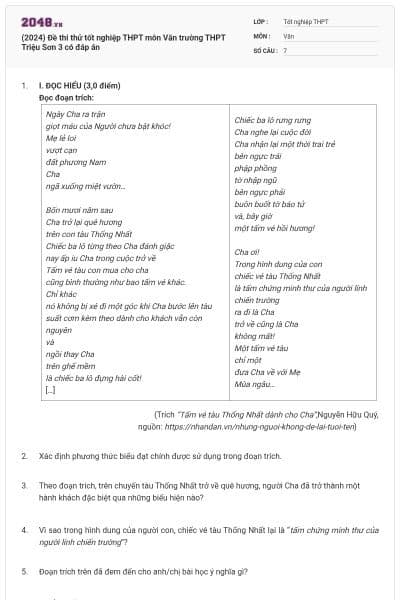 (2024) Đề thi thử tốt nghiệp THPT môn Văn trường THPT Triệu Sơn 3 có đáp án