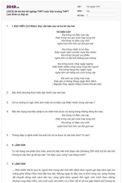 (2024) Đề thi thử tốt nghiệp THPT môn Văn trường THPT Lam Kinh có đáp án