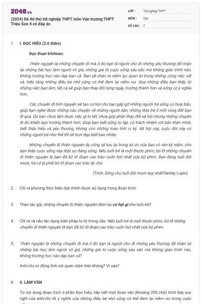 (2024) Đề thi thử tốt nghiệp THPT môn Văn trường THPT Triệu Sơn 4 có đáp án