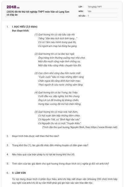 (2024) Đề thi thử tốt nghiệp THPT môn Văn sở Lạng Sơn có đáp án