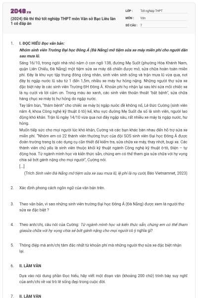 (2024) Đề thi thử tốt nghiệp THPT môn Văn sở Bạc Liêu lần 1 có đáp án
