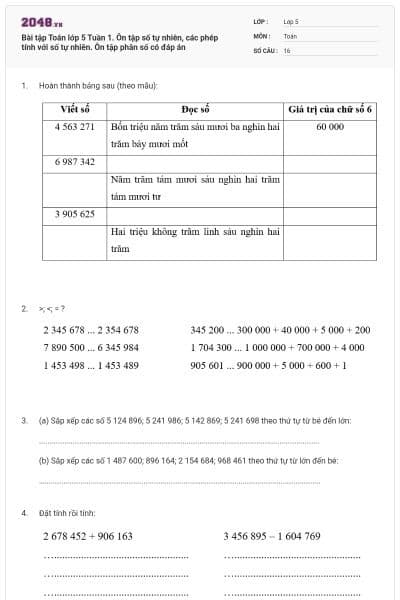 Bài tập Toán lớp 5 Tuần 1. Ôn tập số tự nhiên, các phép tính với số tự nhiên. Ôn tập phân số có đáp án