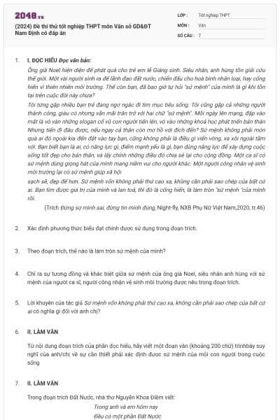 (2024) Đề thi thử tốt nghiệp THPT môn Văn sở GD&ĐT Nam Định có đáp án