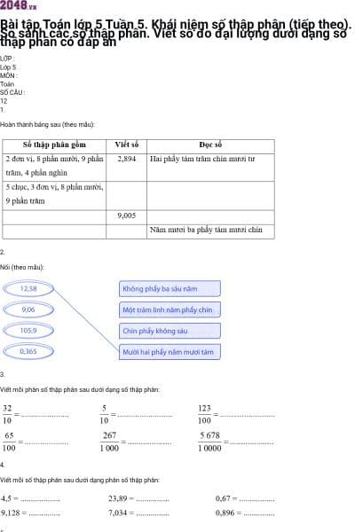 Bài tập Toán lớp 5 Tuần 5. Khái niệm số thập phân (tiếp theo). So sánh các số thập phân. Viết số đo đại lượng dưới dạng số thập phân có đáp án