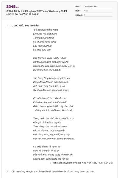 (2024) Đề thi thử tốt nghiệp THPT môn Văn trường THPT chuyên Đại học Vinh có đáp án