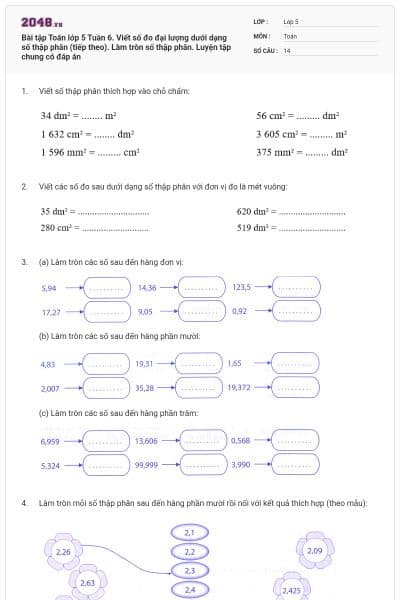 Bài tập Toán lớp 5 Tuần 6. Viết số đo đại lượng dưới dạng số thập phân (tiếp theo). Làm tròn số thập phân. Luyện tập chung có đáp án