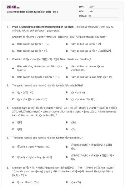 Đề kiểm tra Hàm số liên tục (có lời giải) - Đề 2