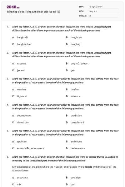 Tổng hợp đề thi Tiếng Anh có lời giải (Đề số 19)