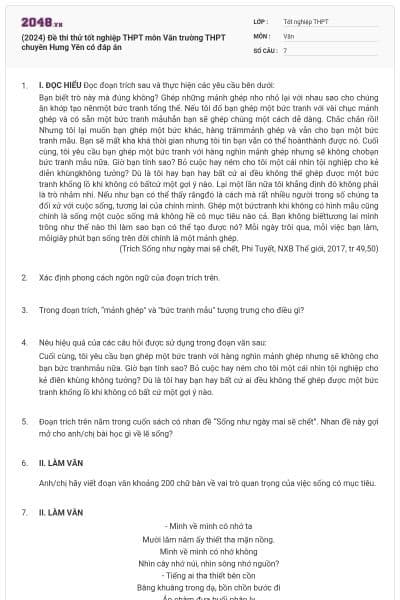 (2024) Đề thi thử tốt nghiệp THPT môn Văn trường THPT chuyên Hưng Yên có đáp án