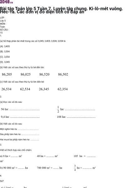 Bài tập Toán lớp 5 Tuần 7. Luyện tập chung. Ki-lô-mét vuông. Héc-та. Các đơn vị đo diện tích có đáp án