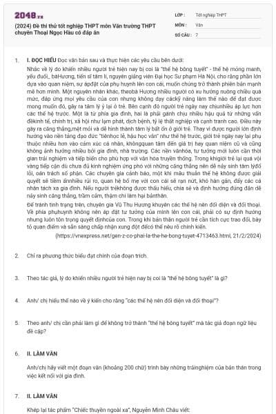 (2024) Đề thi thử tốt nghiệp THPT môn Văn trường THPT chuyên Thoại Ngọc Hầu có đáp án