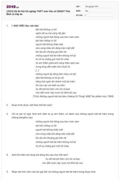 (2024) Đề thi thử tốt nghiệp THPT môn Văn sở GD&ĐT Thái Bình có đáp án