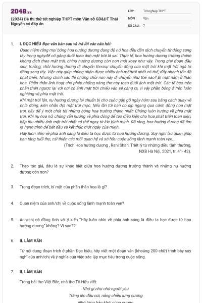 (2024) Đề thi thử tốt nghiệp THPT môn Văn sở GD&ĐT Thái Nguyên có đáp án