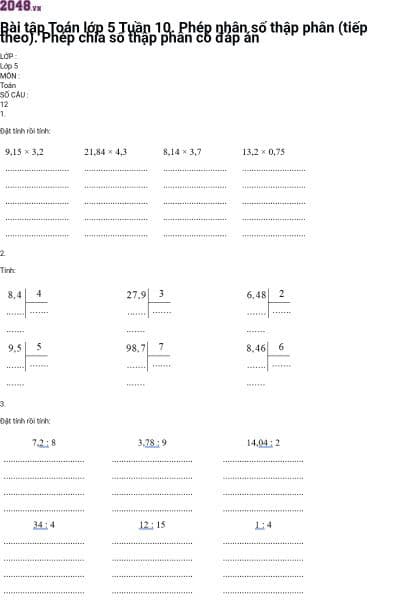 Bài tập Toán lớp 5 Tuần 10. Phép nhân số thập phân (tiếp theo). Phép chia số thập phân có đáp án