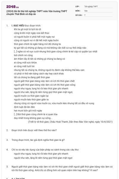 (2024) Đề thi thử tốt nghiệp THPT môn Văn trường THPT chuyên Thái Bình  có đáp án