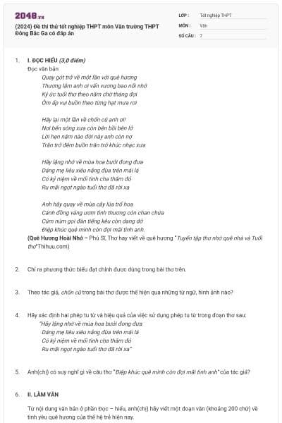 (2024) Đề thi thử tốt nghiệp THPT môn Văn trường THPT Đông Bắc Ga có đáp án
