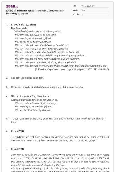 (2024) Đề thi thử tốt nghiệp THPT môn Văn trường THPT Hàm Rồng có đáp án