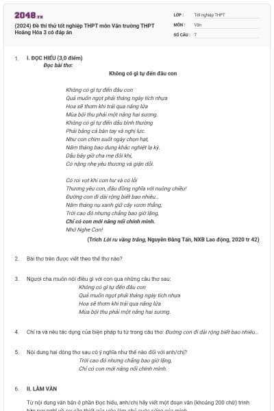 (2024) Đề thi thử tốt nghiệp THPT môn Văn trường THPT Hoằng Hóa 3 có đáp án