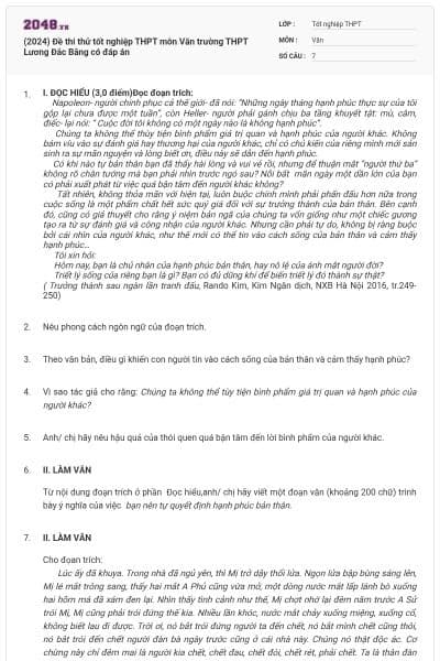 (2024) Đề thi thử tốt nghiệp THPT môn Văn trường THPT Lương Đắc Bằng có đáp án