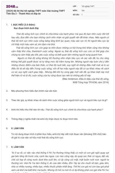 (2024) Đề thi thử tốt nghiệp THPT môn Văn trường THPT Tĩnh Gia 2 - Thanh Hóa có đáp án
