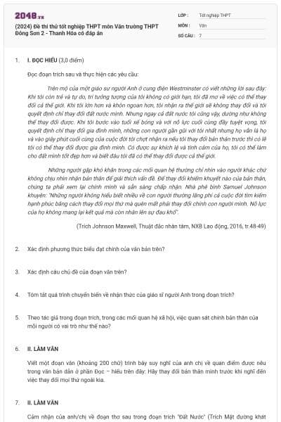 (2024) Đề thi thử tốt nghiệp THPT môn Văn trường THPT Đông Sơn 2 - Thanh Hóa có đáp án