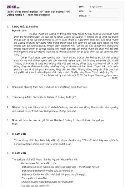 (2024) Đề thi thử tốt nghiệp THPT môn Văn trường THPT Quảng Xương 4 - Thanh Hóa có đáp án