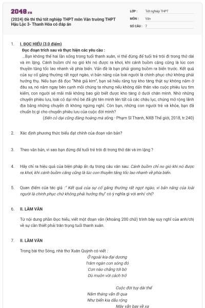 (2024) Đề thi thử tốt nghiệp THPT môn Văn trường THPT Hậu Lộc 3- Thanh Hóa có đáp án